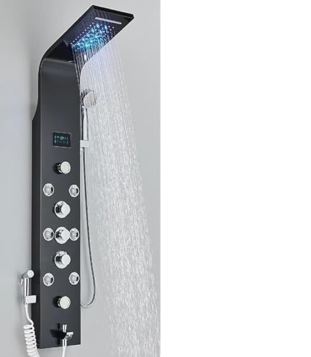 Set di Doccia per Doccia per la Doccia per Bagno Nichel Nero Pannello Doccia a LED Sei funzioni Colonna Doccia a Cascata piovana Doccia getti Spa getti Doccia con battiti da Bagno Bidet tocchi Neri