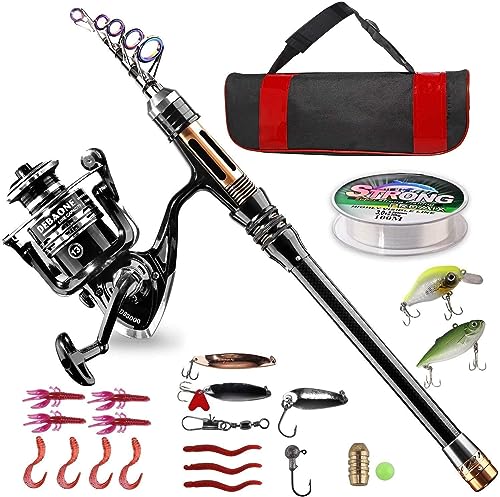 HOTOIQ Fishing Rod Kit, Telescopic Fishing Pole and Reel Combo Full Kit with Line Lures Hooks Carrier Bag for Travel Saltwater Freshwater Boat Fishing Beginners-2.1M
