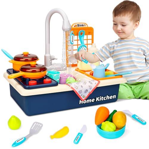 IGUGI Lavello giocattolo con acqua di rubinetto,Lavello per Bambini,Cucina Giocattolo per Bambini,Giocattoli di Ruolo per Finta con Rubinetto & Playset di Piatti,Mini Lavastoviglie Giochi(Blu)