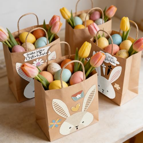 10 Stück Ostertüten zum Befüllen, Süße Osternester und Osterhasen Taschen aus Papier mit 10 Aufklebern für eigenes DIY-Design, Ideal für Ostern Basteln Kinder, Osterdeko, Eiersuche
