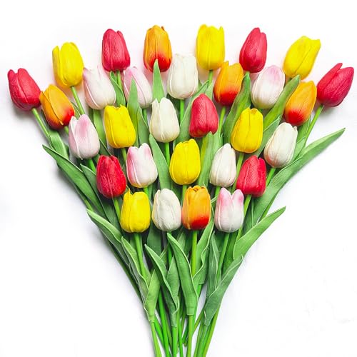 30 PCS Artificial Tulips Real Touch Tulips 35cm/13.5inch Long Stem Fake Flowers Silk Flowers for Spring Easter Mother's Day Decorations (MixedColor) image 1