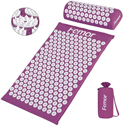 Femor Kit dAcupression-Coussin de Massage+Tapis de Massage 66*40*2.5cm+Sac, Détendre les Muscles, Réduire la Douleur au Dos/au Cou, Améliorer la Circulation Sanguine Récupération post-sport Pourpre