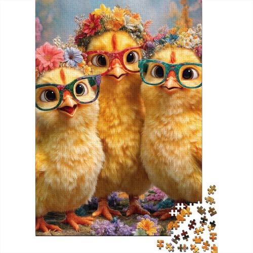 Puzzle de 1000 piezas de pollito con gafas y flores: rompecabezas de cartón de 70x50 cm