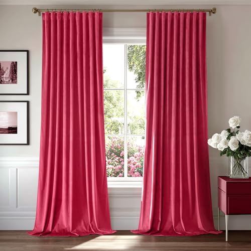 Image of MIULEE Hot Pink Velvet Pinch Pleat Blackout Curtains W52 X L84 Inches | 2 Panels,Luxury,Thermal Insulated,Super Soft,Back Tab & Rod Pocket,for Bedroom Living Room