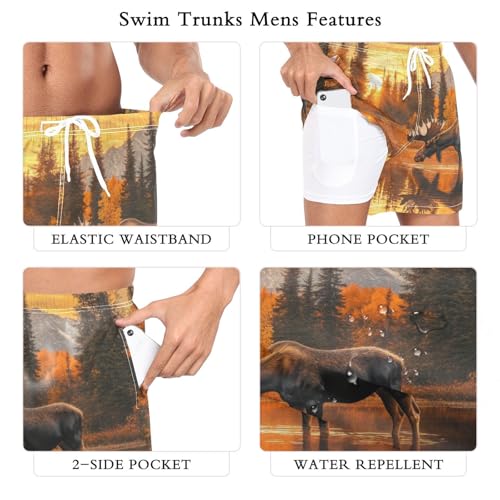 Mens Swim Trunks with Liner, Moose Lake Sunset Tree Cool Quick Dry Beach Swim Shorts, Swimwear Bathing Suits S3