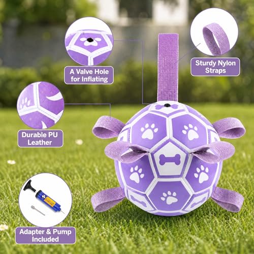 Image of Dog Toys Balls, Dog Soccer Ball with Straps, Dog Birthday Gifts, Durable Balls for Small Medium Pet, Puppy Outdoor Toy, Pet Training Soccer Ball, World Cup Soccer (6 Inch) (Purple, Medium)