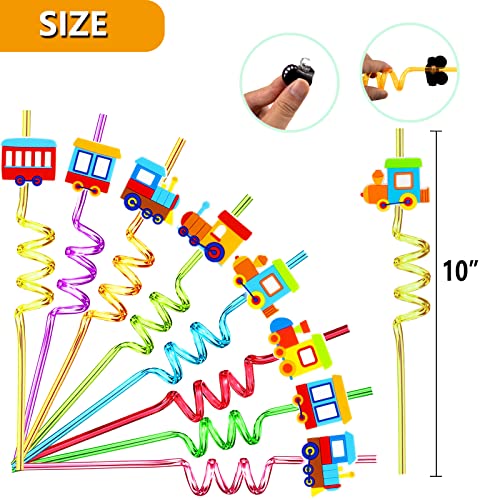 24 Pack Train Theme Shaped Straws - Reusable Plastic Straws with Cartoon Decoration - Kids Party Supplies - Birthday Party Favors with 2 Cleaning Brushes by Meaxur - Image 2