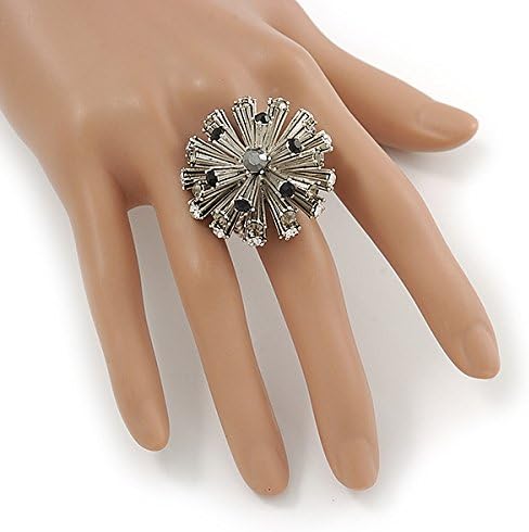 Avalaya Crystal 'Starburst' Flex Ring In Silver Tone - Size 7, black, grey, silver - Image 3