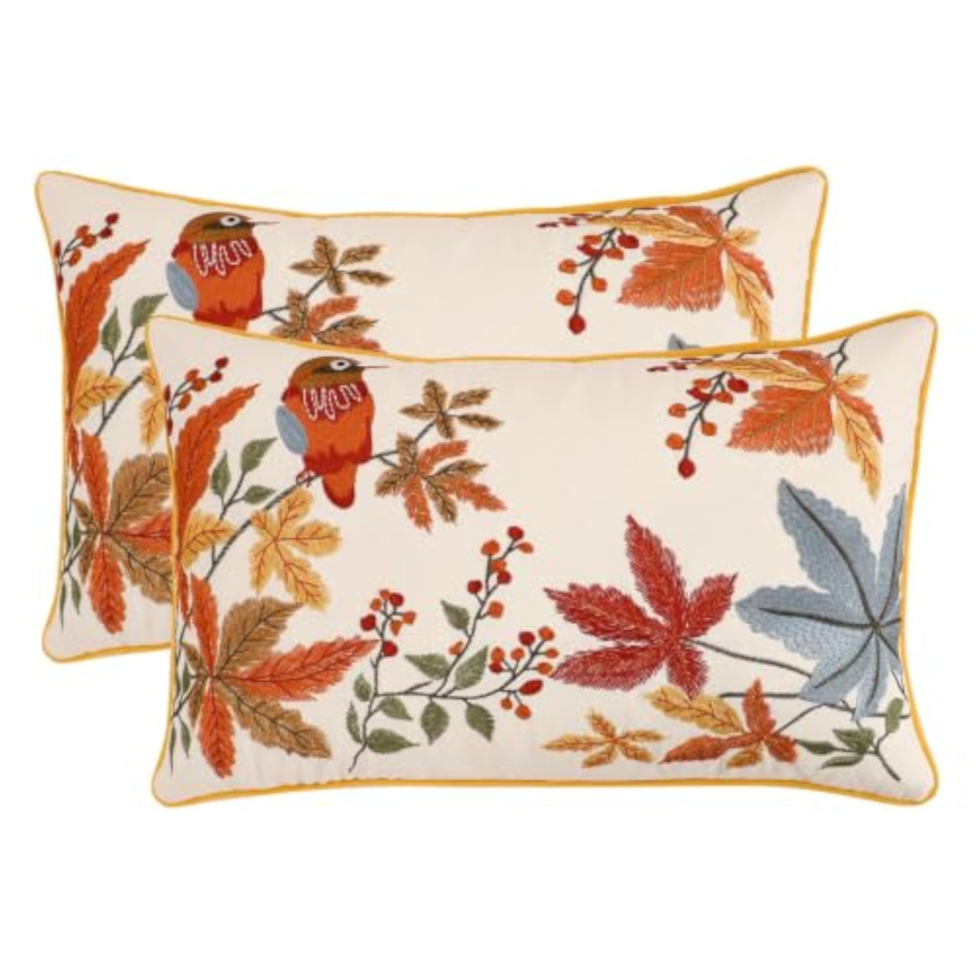 Fall Embroidered Vintage Birds Throw Pillow Covers, Pack of 2