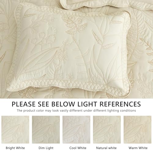 Image of Bedspread oversized Full 96x110,Beautiful Leaf Stitching,5 PC,Ivory