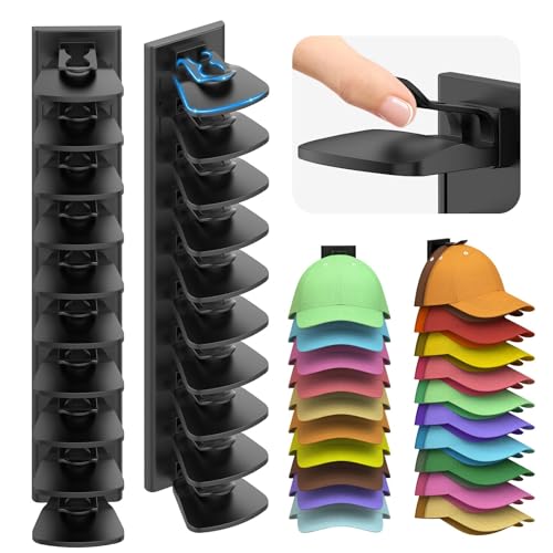 LeKuni 2 Stück Regal Wand Cap Halter Kappenhalter Mit integrierten Federklammern für Bis Zu 20 Hüte, Cap Halterung Wand Mehrschichtig, Mützen Aufbewahrung mit Starker Kleber & Schrauben(schwarz)