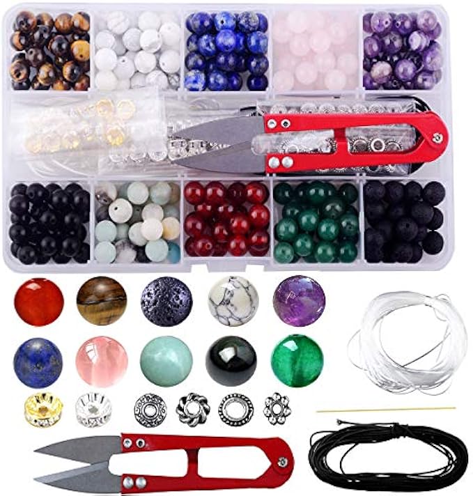 Gemstone Bead Box Set 240pcs 8mm Round Loose Stone Natural Amethyst Lava Stone Amazonlite Various Color Matching Bracelet Jewelry Making Accessories Tool (Stone Bead Set)