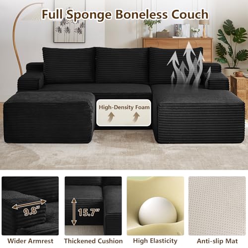 Image of 96 inch U-Shape Cloud Couch, Modern Modular Sectional L-Shape Sofa with Ottoman, Corduroy Upholstered Couches Deep Seat Sleeper Chaise Longue for Living Room, No Assembly Required(Black, Right Facing)