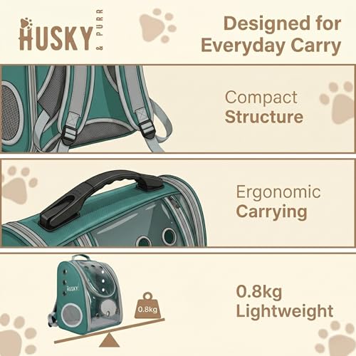 Image of Husky & Purr Cat Bag Carrier Backpack, Green | Collapsible Breathable Pet Carrier Backpack | Anti-Scratch Transparent Cat Carrier Bag for Travel, Up to 7kgs