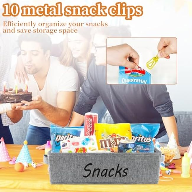 Fabric Snack Organizer for Pantry Shelf, 3 Pack Snack Basket Bin with Handles, Snack Holder Snack Storage Container for Kitchen Pantry Office Movie Night Snack Bar Organizer (Gray)