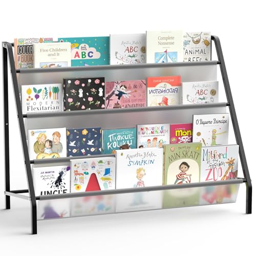 Trieez High-Transparent 4 Tier Kids Bookshelf Sturdy Metal Large Size Book Rack Storage for Kids - Toddler Book Shelf Display for Nurasery Kids Room Deep Size Bookshelf Hold More Books- Black