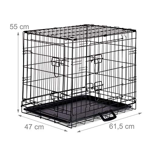 Relaxdays Hundekäfig, Faltbare Hundetransportbox Auto, Welpenkäfig, 2 Türen, Bodenschale, Drahtkäfig Metall, M, Schwarz