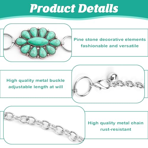1 Pcs Green Concho Belts for Women,Oval Turquoise Belt with Silver Metal Concho Chain,Adjustable Turquoise Belts for Women Western,Western Chain Belt Using on Cowgirl Dresses and Jeans3