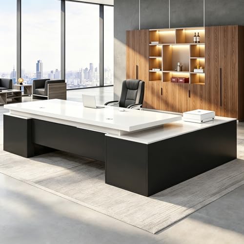 EQWZUPD Executive Office Desk, L Shaped, 1'' Thick Tabletop, Solid Wood Board, with Side cabinets and Wire Holes, Drawer with Lock, for Executive Desks,Boss Table,Computer Desk,Home Office Furniture