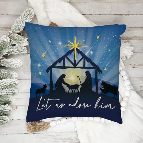 Fahrendom USFAPC0581 Christmas O Holy Night Decorative Throw Pillow Covers 18X18 Set Of 4, Religious Xmas Jesus Nativity Navy Blue Outdoor Pillowcase thumb #5