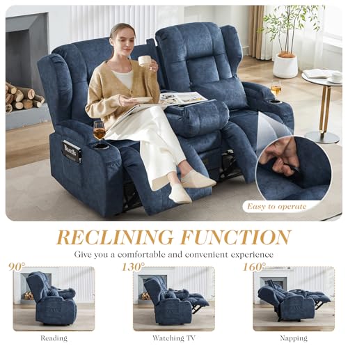 Image of Loveseat Recliner Sofa with Flip-up Console,RV Wall Hugger Recliners for Small Spaces,Reclining Loveseat Sofa Recliner with Cup Holders /Lumbar Pillows,RV Furniture (Blue, 68 inch 2-Seater)