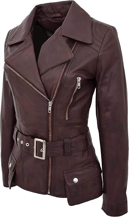Veste de motard en cuir véritable femme marron XXL Tall avec ceinture