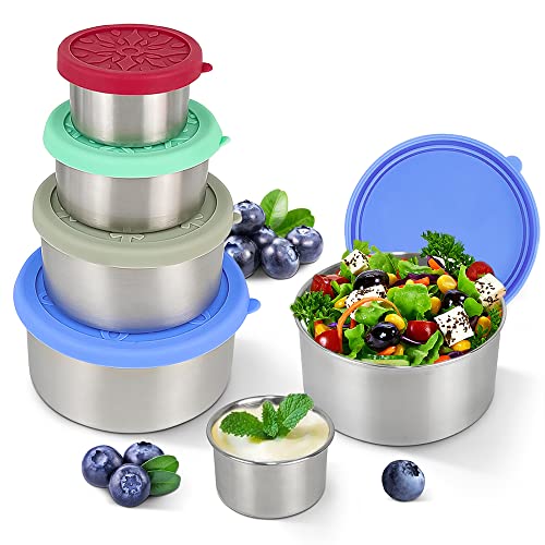 Lihong Stainless Steel Containers With Lids,Snack Containers,Sauce Containers,Lunch Box,Rustproof,Leakproof,Easy Open,Set Of 4(3.4Oz,7Oz,13Oz,21Oz) #TOP4
