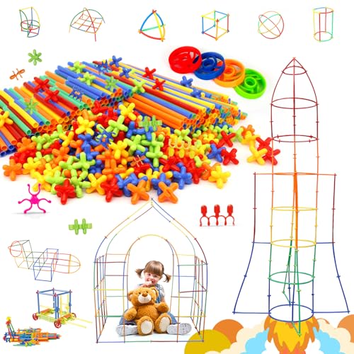 Ggiibro Creative Straw STEM Building Toys 450Pcs Aged for 3-5 5-7 Preschool Kids Constructor Toy Thin Tube Toy DIY Educational Interlocking Plastic Engineering Toys Kit for Boys and Girls