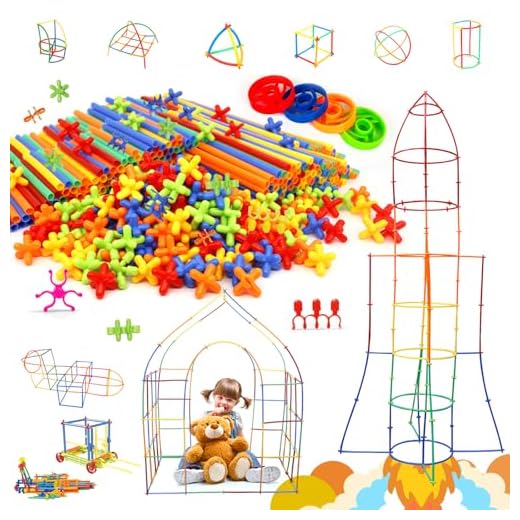 Creative Straw Toys 450Pcs STEM Building Toys Aged for 3 4 5 6 7+ Preschool Kids Constructor Toy Thin Tube Toy DIY Educational Toy Interlocking Plastic Engineering Toys Kit for Boys and Girls Gift