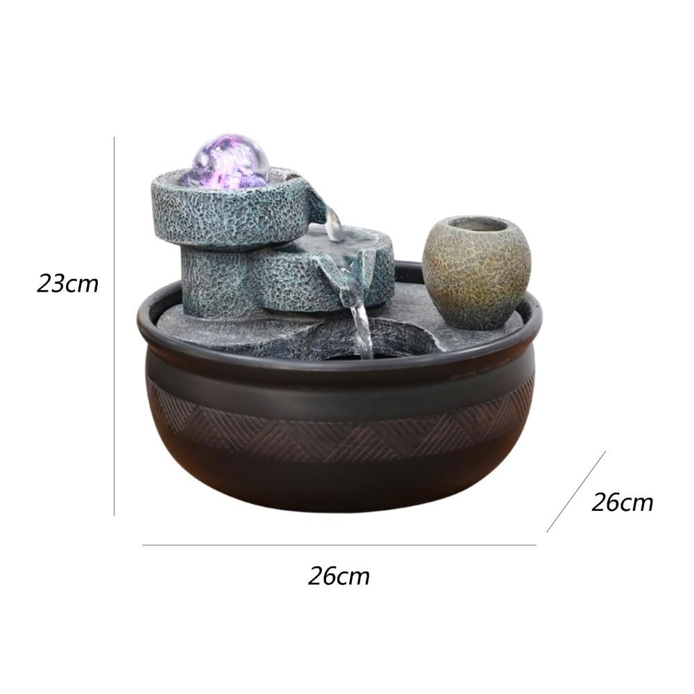 Fuente de Mesa Decorativa para Interior, Fuente de Agua con Cascada, de Resina, con Rueda de Agua, Bomba de Agua, Feng Shui Zen, decoración para salón, Escritorio, 26 x 26 x 23 cm