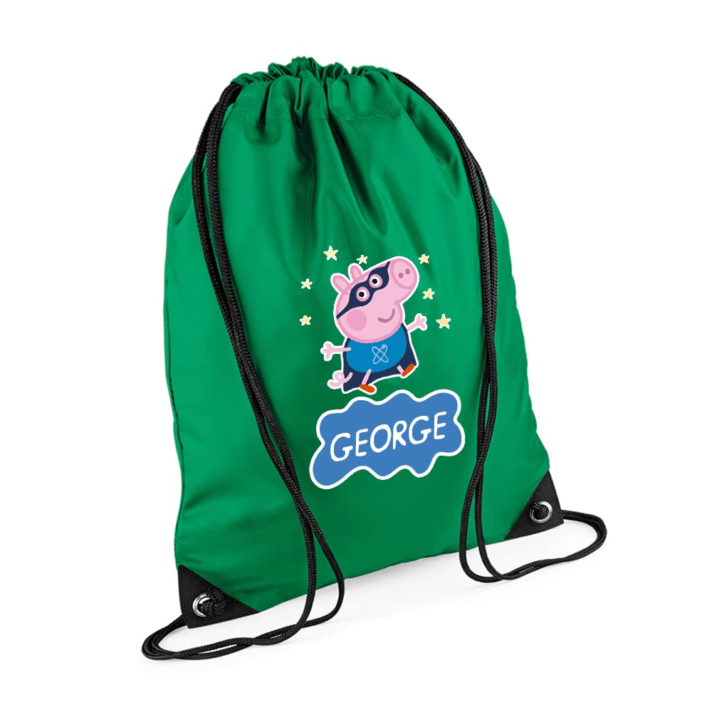 Cute Pig Bag, Personalised Backpack, Pig Bag Gift for Kids-Boy, Toddlers, Birthday Boy, Drawstring Bag, PE Gym Kit Swimming, Sport Rucksack. (Kelly Green)