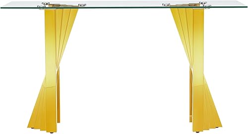 Miniatura 9 de Mesa consola de cristal dorado de lujo moderna de 55 pulgadas, mesa de entrada delgada con base de acero inoxidable brillante con espejo Consola