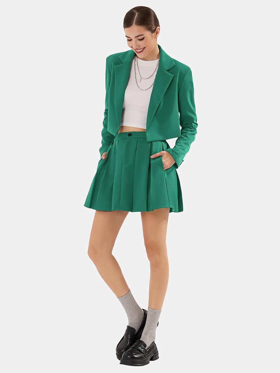 EXLURA Women's Long Sleeve Blazer Suit Sets with Pleated Mini Skirt Fall 2 Piece Outfits Trendy Y2K Fashion Clothes