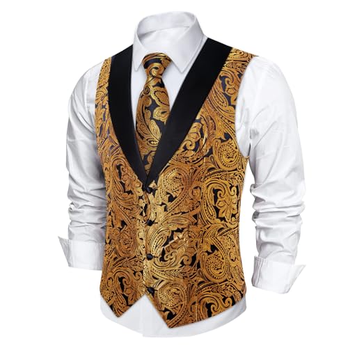 Image of DiBanGu Mens Paisley Suit Vest Silk Jacquard Waistcoat and Necktie Set Formal Shawl Collar Dress Vest 7PCS for Wedding Party