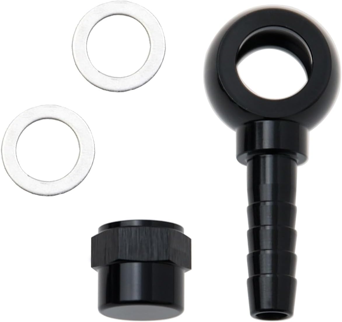 Fuel Adapter Kit Set M12 12mm Banjo Outlet to -8 MM(5/16") Barb for Bosch 044 Fuel Pump with Washer and M12 x 1.5 Female Cap, Black Aluminum