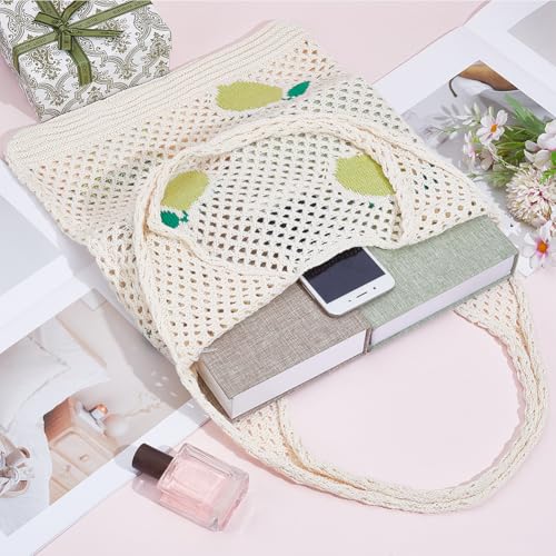 Image of GORGECRAFT Crochet Tote Bag Women Knitted Handbags Green Mango Pattern Retro Hollow Woven Shoulder Bags Boho Foldable
