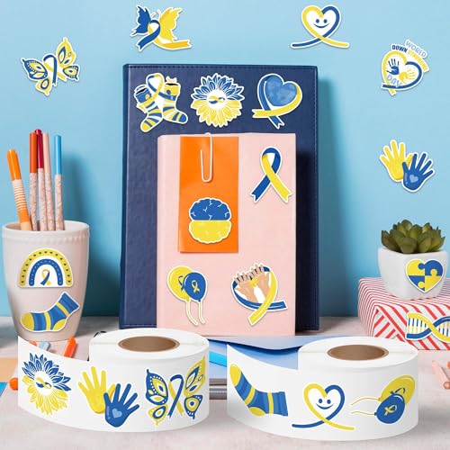 Image of Down Syndrome Stickers Rolls - 1000 Pcs Down Syndrome Awareness Month Waterproof Vinyl Reusable Laptop Stickers Coloring Book Scrapbook Water Bottle Page Activity Pad Party Favors Skateboard