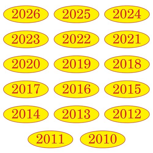Image of Car Windshield Year Stickers (2010-2026) - 17 Pack(1 per Year), Red & Yellow Large Oval Vinyl - Waterproof, Easy to Remove, Residue-Free - Ideal for Used Car Dealers & Auto Dealerships
