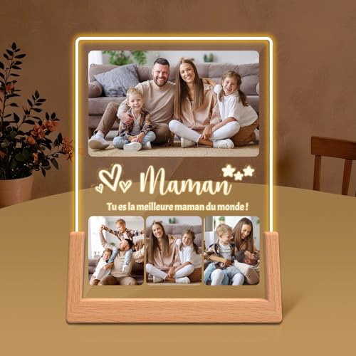 HOBULL Cadeau Fete Des Meres Personnalisé Cadre Photo, Idee Cadeau Maman Lampe LED Personnalisé, Cadeaux Fête des Mères Plaque Acrylique Photo Cadeaux Anniversaire Maman Femme Original