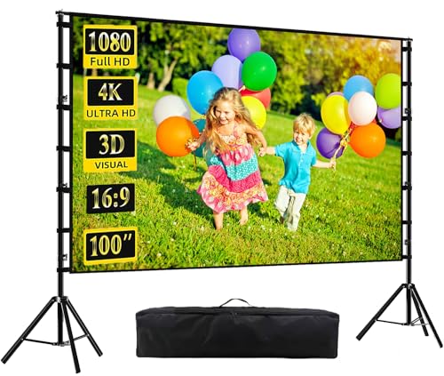 Projector Screen and Stand, 100-inch Portable Indoor Outdoor Projection Screen16:9 Aspect Ratio 4K HD, Foldable Anti-Crease Double Sided Movie Screen with Carry Bag, Ideal for Office and Home Theater