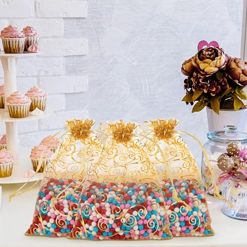 Image of Staruby Organza Gift Bags Gold Sheer Organza Bag 50Pcs 4x6 Inch and 50Pcs 5x7 Inch Mesh Favor Bags Drawstring Jewelry Rattan Printed Gift Pouches for Wedding Party Favors Couple Shower Christmas Gifts Candy Bags