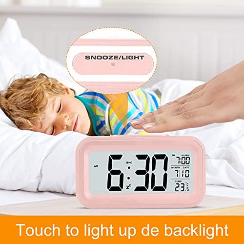 U-picks Alarm Clock 4.3" LED Display , Digital Alarm Clock with battery powered, Snooze, Easy to Use ,Temperature Calendar , 12/24 Hr, Light control Portable Alarm clocks bedside for adults kids-Pink