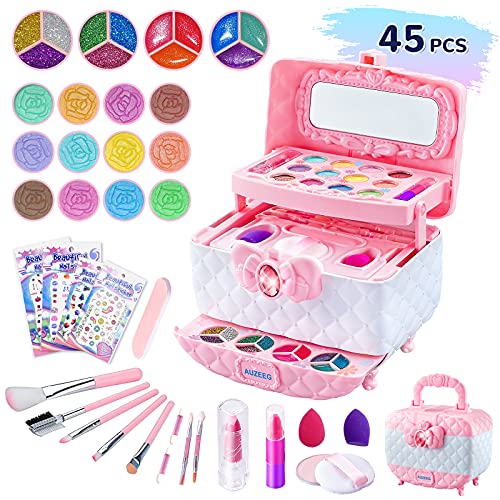 AUZEEG 45 PCS Kids Makeup, Safe & Washable Kids Toys for Girl, Portable Princess Toys with Eyeshadow/Lipstick/Beauty Blender/Pressed Powder/Nail Sticker, Makeup Kit for Kid 3 4 5 6 7 8 9 10 Years Old