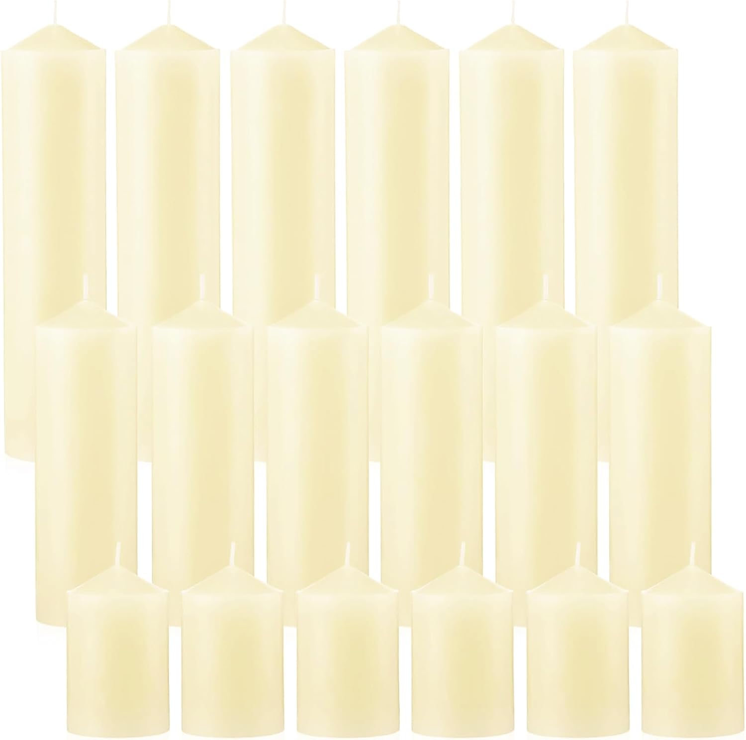 18 Pcs Ivory Pillar Candles Bulk Set?Hurricane Candles?3 Different Lengths (6 Each)?Dripless Unscented Smokeless?Gives You a Better Atmosphere When Organizing Wedding or Event Party. Ivory 18