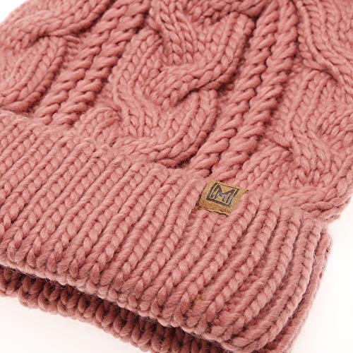 Mirmaru Kids Youth Boys & Girls Ages 7-12 Winter Thick Stretchy Cable Knitted Pom Pom Beanie Hat (Fauxpom/Rose) #TOP4