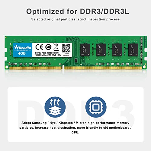 Image of DDR3 /DDR3L 8GB Kit (2x4GB) RAM 1600MHz CL11 UDIMM, Desktop Memory Module PC3-12800 /PC3L-12800 240-Pin 1.35V /1.5V 2Rx8 Dual Rank Non-ECC Unbuffered PC Computer RAM Stick Upgrade - Green