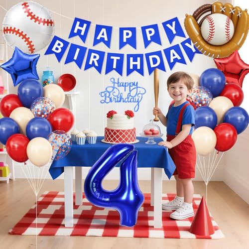 Image of 4th Baseball Birthday Decorations for Boys,Navy Blue Red Nude Balloons