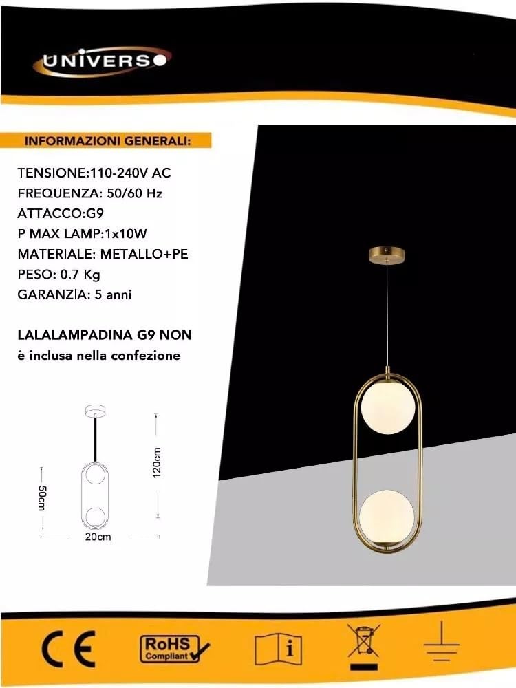 Lampadario a sospensione 2 sfere g9 sfera color bianco lampada bronzo a33