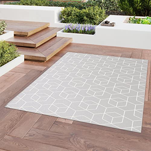 BALTA Tapis Exterieur Géométrique, Tapis Tissé Plat idéal pour l'Extérieur sur la Terrasse ou à l'Intérieur dans Un Salon - Chambre, Tissage Mécanique, Polypropylène, 80 x 150 cm, Gris