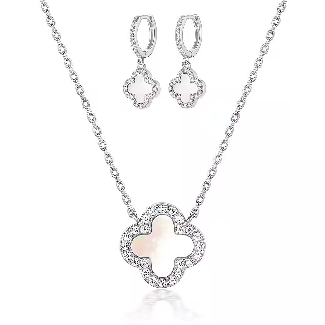 ROUGEMONT Funkelndes Glücksbringer Schmuckset -zweiteiliges Set Kleeblatt Halskette +Kleeblatt Ohrringe aus 925 sterling Silber -funkelnden Zirkonia besetzt -mit stilvoller Geschenkverpackung